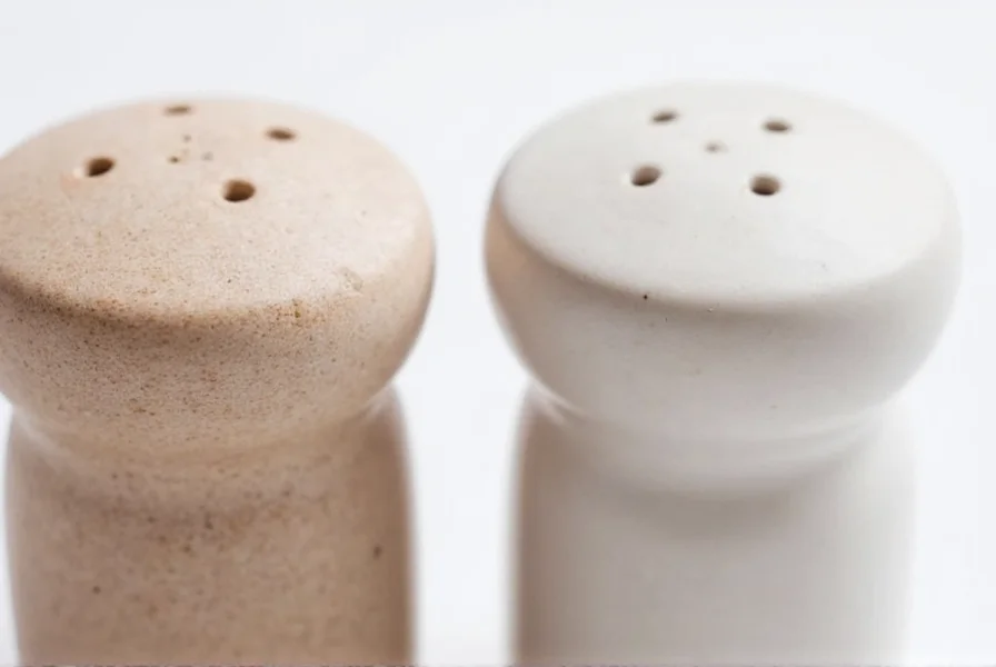 Close-up comparison of stoneware versus porcelain salt and pepper shakers showing texture differences and seasoning flow mechanisms
