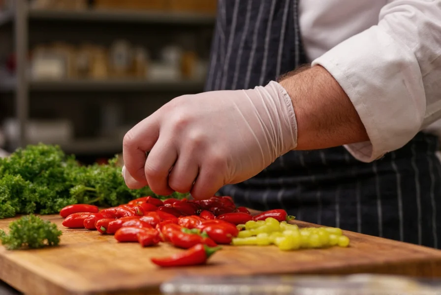 Chef carefully handling Carolina Reaper pepper with protective gloves while preparing ingredients