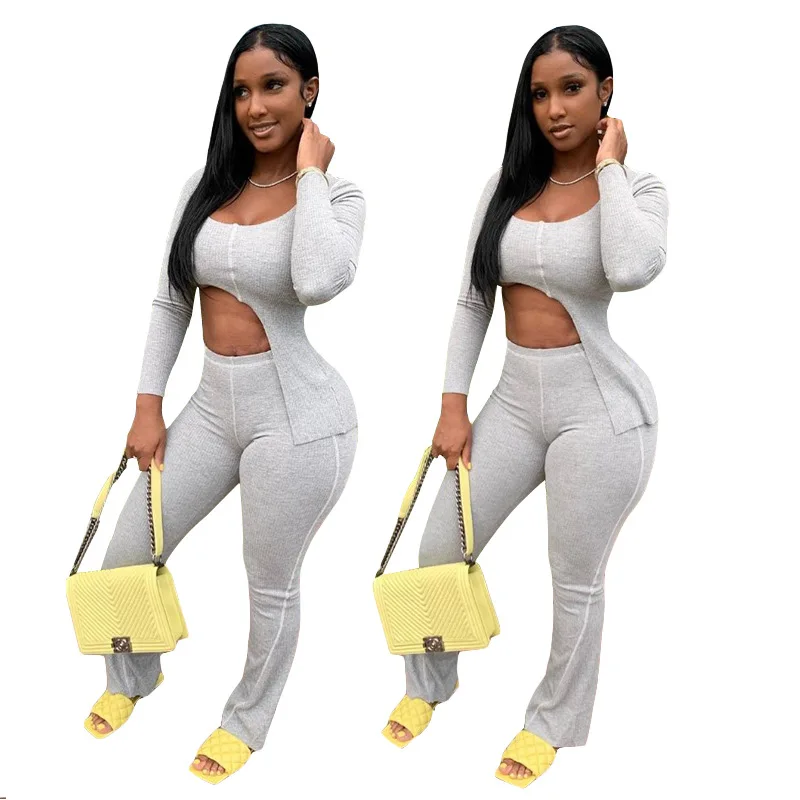 

2020 Fall winter women clothes solid colors ribbed pants 2 piece outfit tracksuit