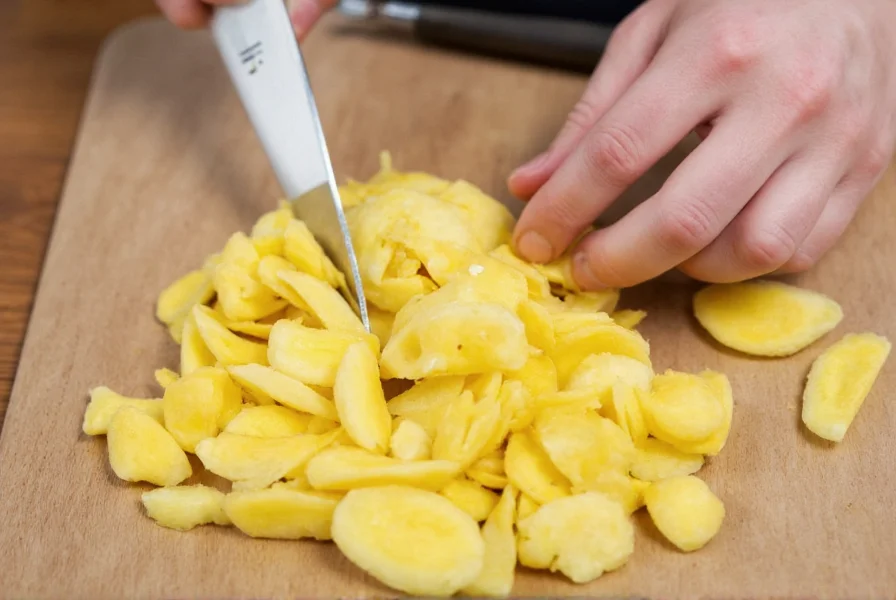 Fresh ginger root being peeled and sliced for candying process