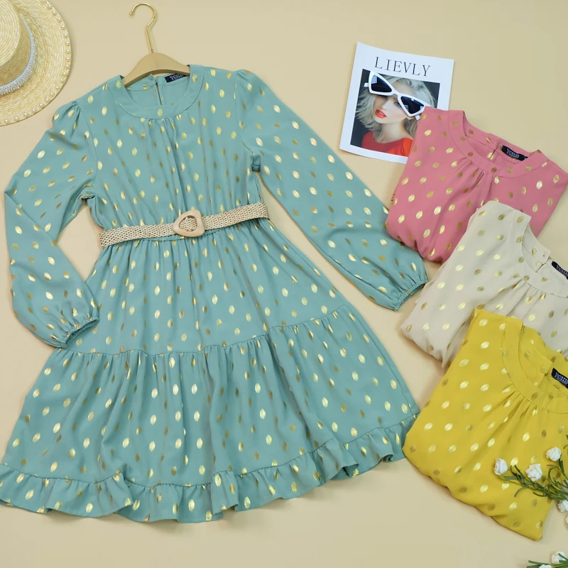 

2021 New Fashion Bohemian Style Ice Chiffon Fabric Gold Print Large Size Casual Loose Women Dress, Pink/green/beige/yellow