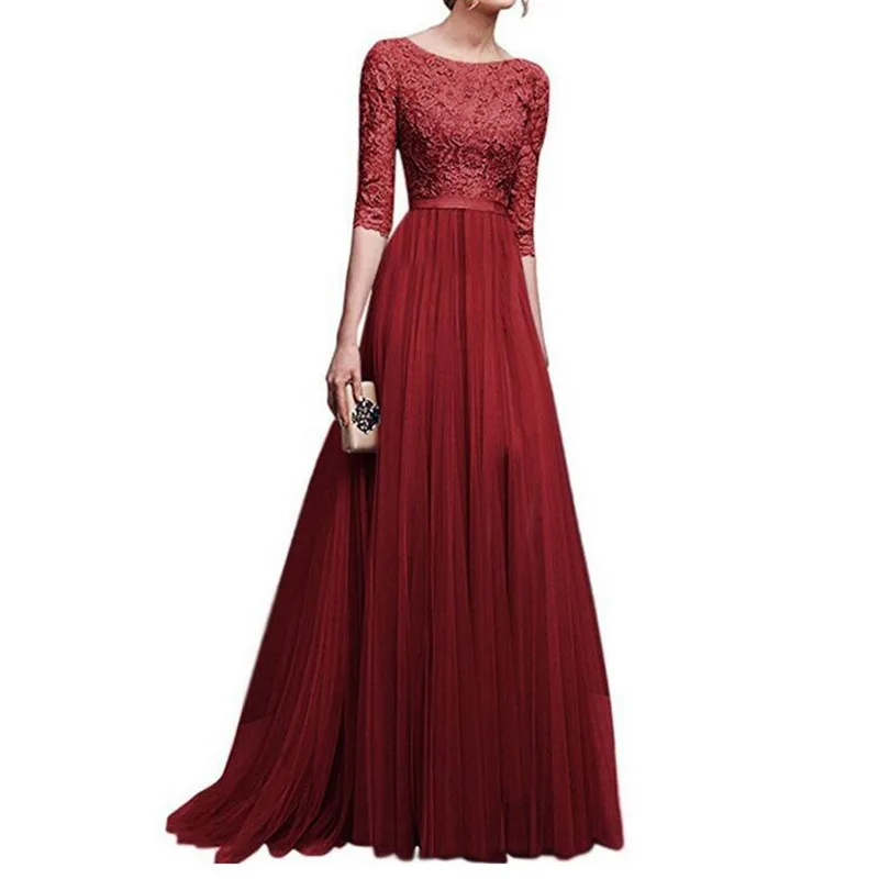 

Womens Long Bridesmaids Wedding Dress Half Sleeve Elegant Lace Round Neck Maxi Ladies Evening Party Dresses