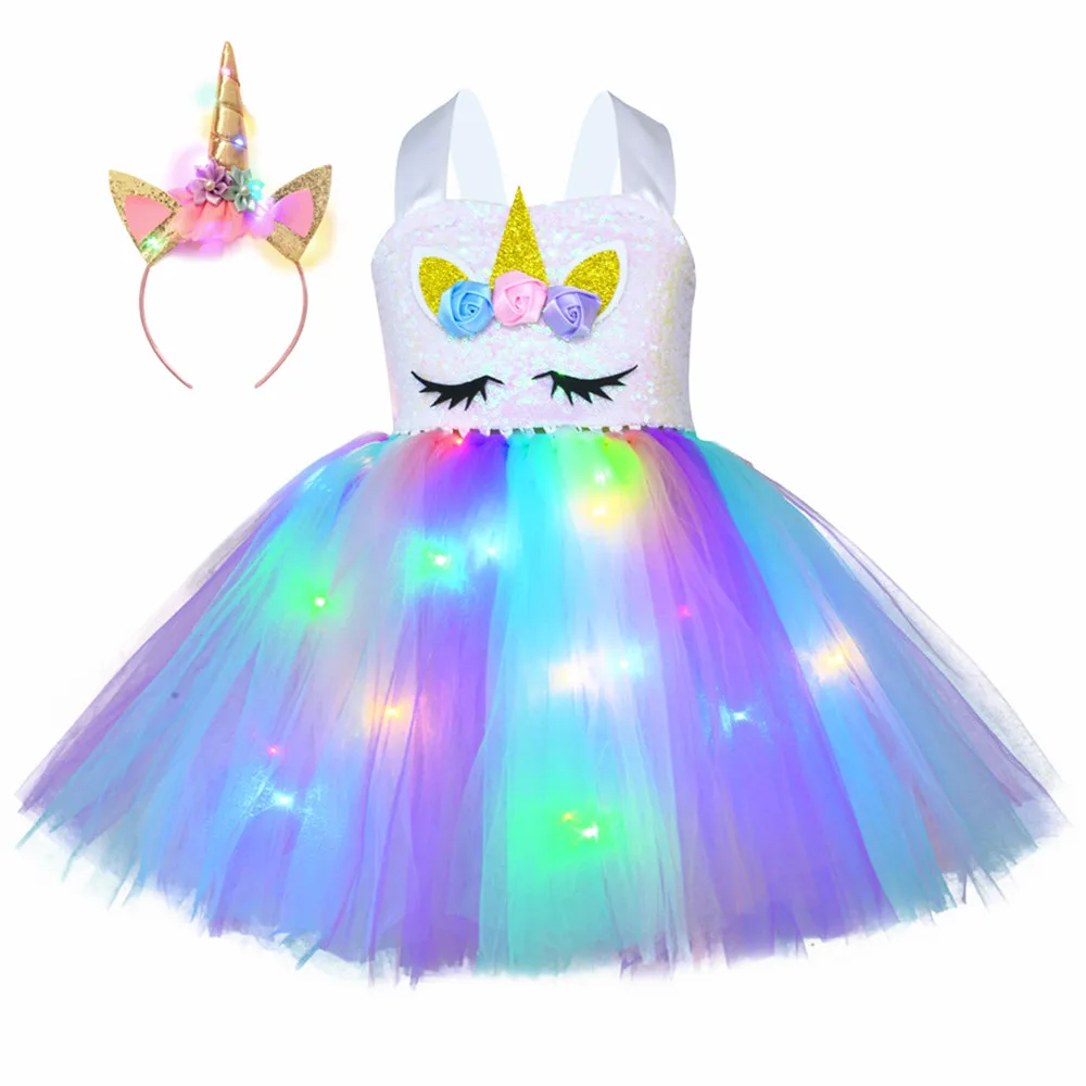

girls sleeveless light up rainbow sequin tutu unicorn princess dress with headband for birthday party, As the image shows