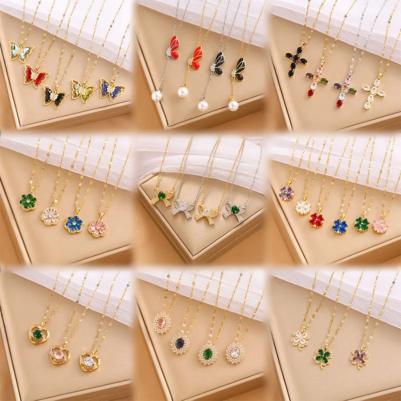 

Fashion Stainless Steel Butterfly Flower Pendant Necklace Luxury Colorful Zircon Choker Necklace Women's Jewelry Accessories