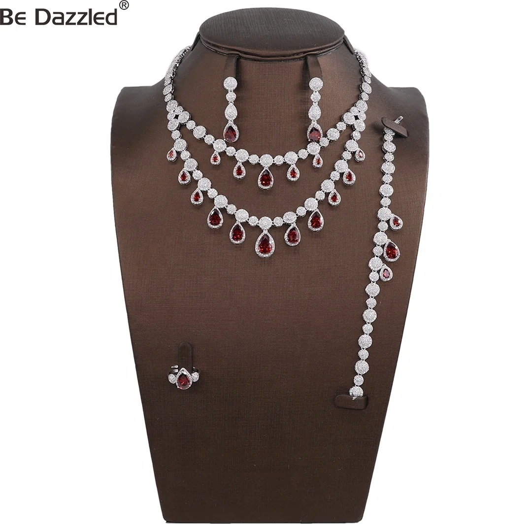 

Bedazzled Shiny Ruby Cubic Zirconia Large Heavy Bridal Double Necklace Earring Jewelry Set for Brides Wedding Dress Accessories