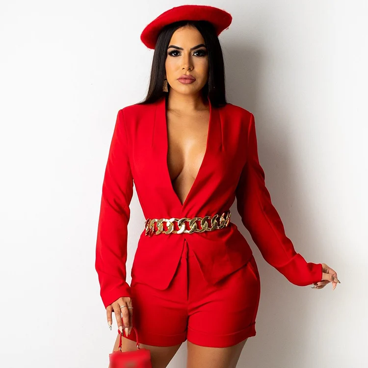 

Business Casual Apparel Women Matching Clothing Fall Solid Long Sleeve Blazer Suit Top And Short Pants Co ord Two Piece Sets, Red,pink,light blue,black