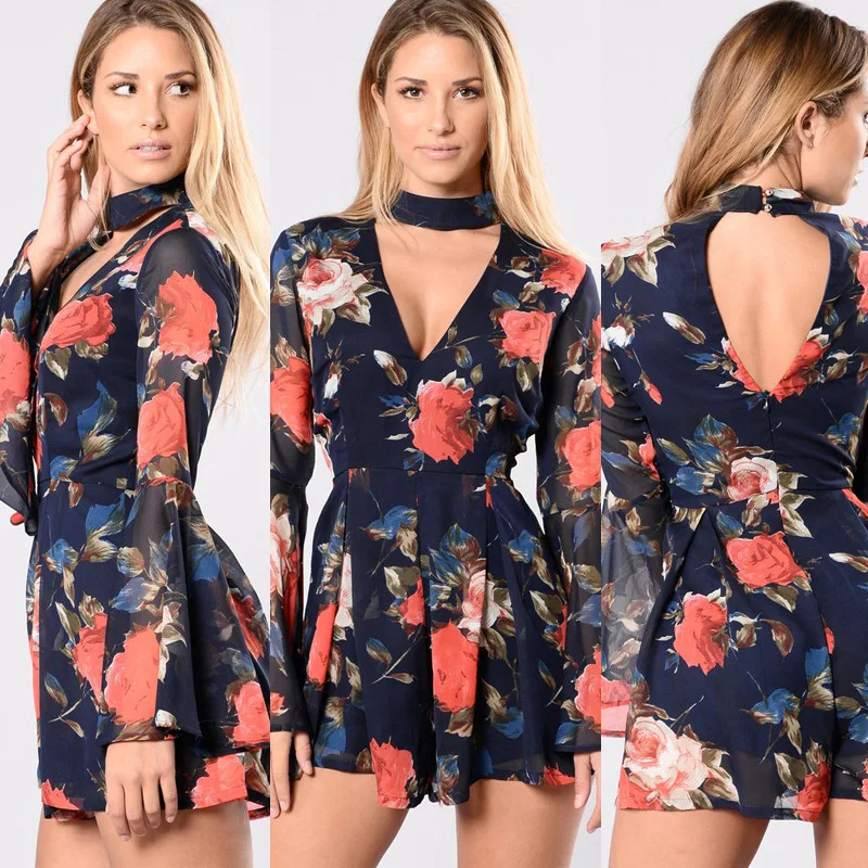 

WW-0858 Floral Print Horn Sleeve Of Tall Waist Deep V-neck Backless Jumpsuits Backless African Print Top Short Jumpsuit, Customized color