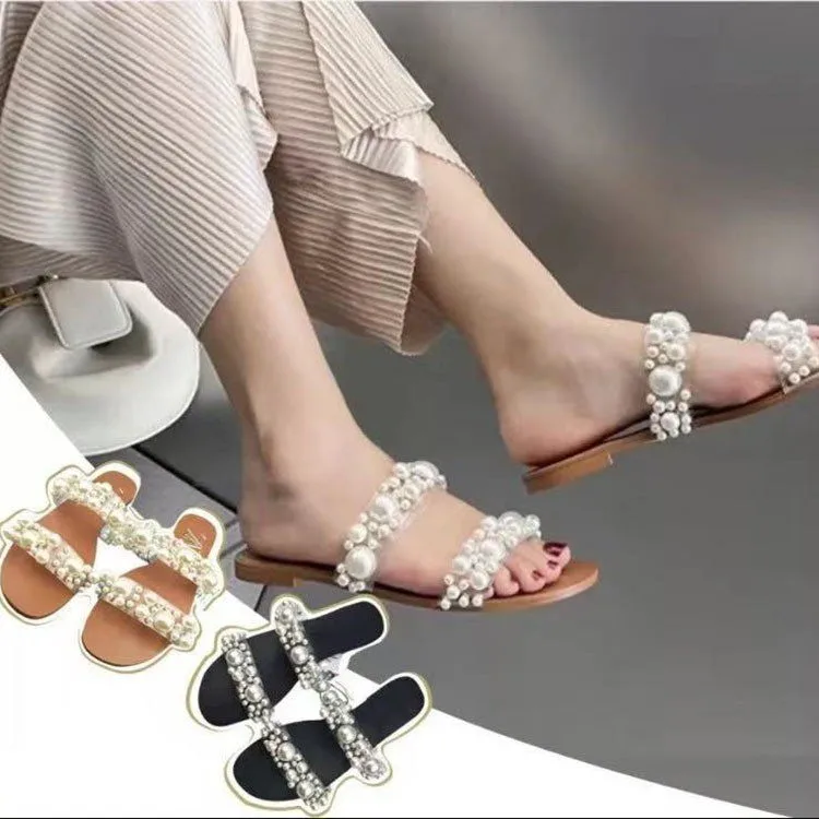 

Summer new style women's shoes transparent flat-bottomed pearl women's slippers