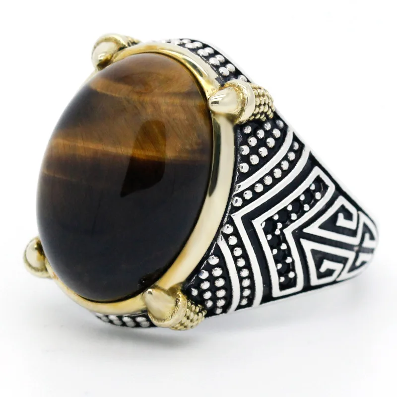 

Natural Tiger Eye 925 Sterling Silver Classic Look Ottoman Silver Men Ring, Brown