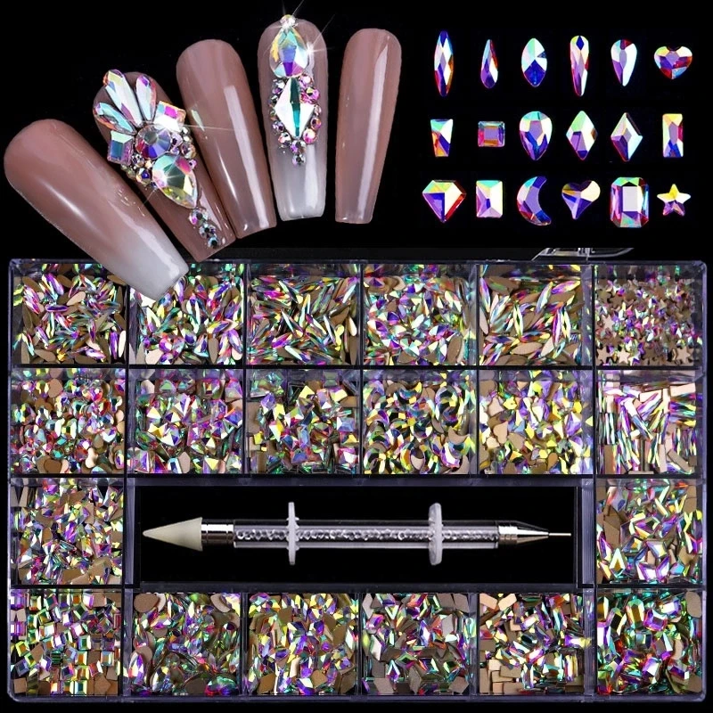 

20*100pcs=2000pcs Crystal AB Rainbow Nail Art rhinestones Mix Shape Fancy style In Box Flat Bottom Glass nail rhinestone art, Colorful