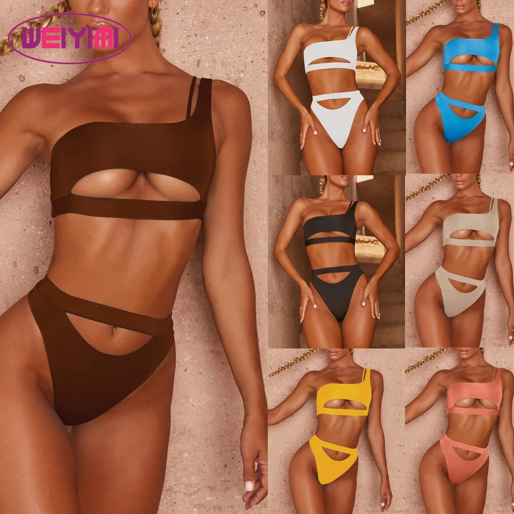 

Custom Women 2 Piece Dark Brown Bikini Set Asymmetric Cut Out Nude Bikini Swimwear Swimsuit Beachwear Bathing Suit Monokini, Photo color