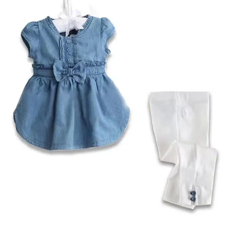 

2021 Girls Denim Skirt Leggings Set Puff Sleeve Cute Bow-knot