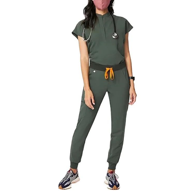 

Factory low price small MOQ Short Sleeve high waist belt plus size Zipper Two Pieces suit hospital medical scrub uniform, Customized