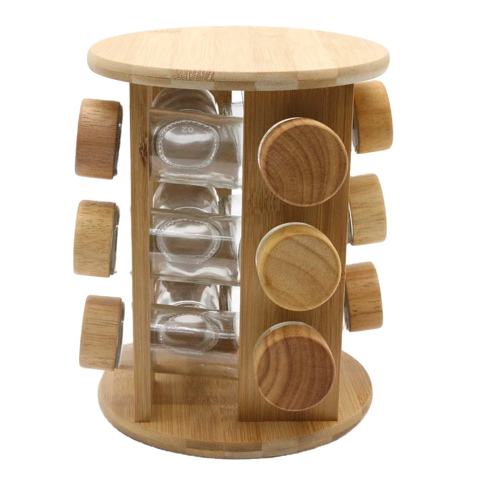 

Sample Available Wholesale 3 Tier 360 Rotating Wooden Bamboo Revolving Spice Rack Wood Organizer 12 Jar Set Condiments, Natural bamboo