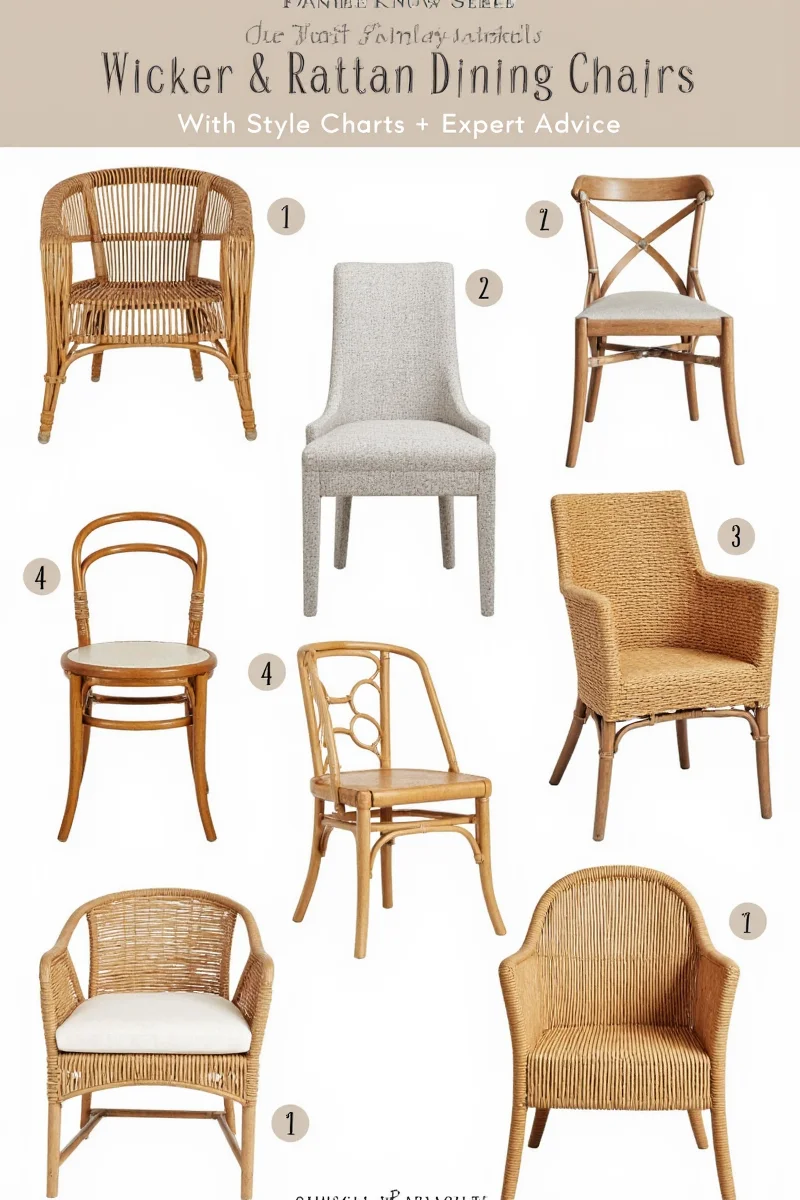 Two side-by-side chairs — one wicker, one rattan — with labels.