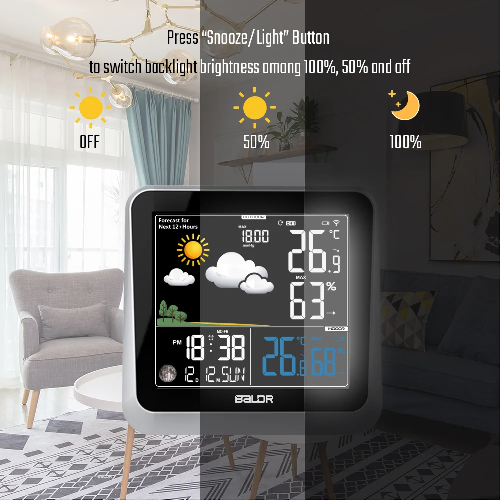 BALDR Wireless Indoor/Outdoor Weather Station - Thermometer & Hygrometer -  Temperature & Humidity - Constant Backlight - Power Adapter Included