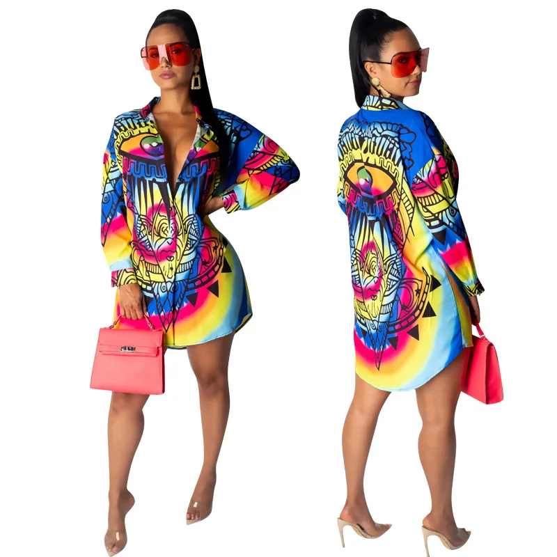 

Chain print sexy shirt dress women Summer long sleeve mini dress Street wear plus size Loose blouse dress Vestido