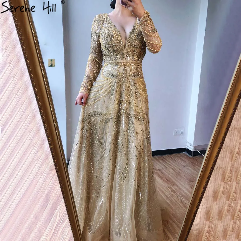 

Rose Gold A Line V Neck Luxury Beaded Evening Dresses 2021 Serene Hill LA70287L Pearls Long Sleeves Formal Party Gowns For Women