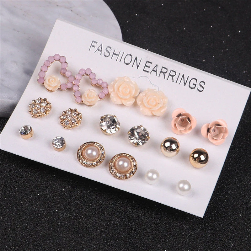 

12/ 9 Pairs/Set Women's Pearl Crystal Studs Earrings Girls Elegant Rose Flower Heart Ear Jewelry Gift, Gold