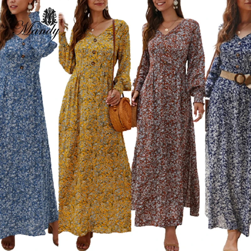 

2021 Hot selling V-neck maxi long sleeve floral print women dress