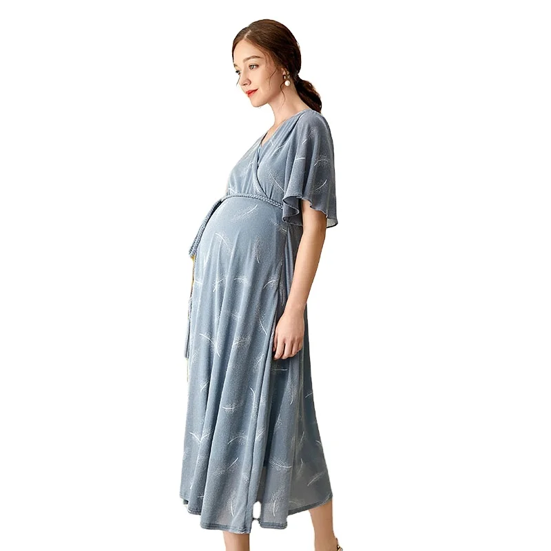 

Hot Sale Custom Wholesale Fashion Maternity Dress Blue Elegant Maternity Dress Nursing Maternity Clothes