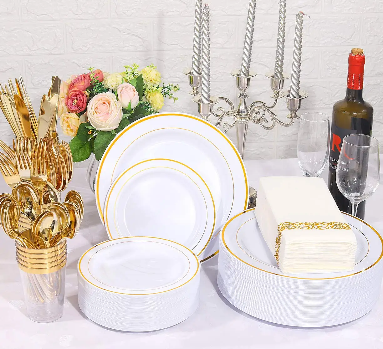 thumbnail image 2 of BUCLA 300PCS Gold Disposable Dinnerware Set - White And Gold Plastic Plates Dinnerware 50 Guests Include 50 Dinner Plates 50 Dessert Plates 50 Knives 50 Fo 2 of 10