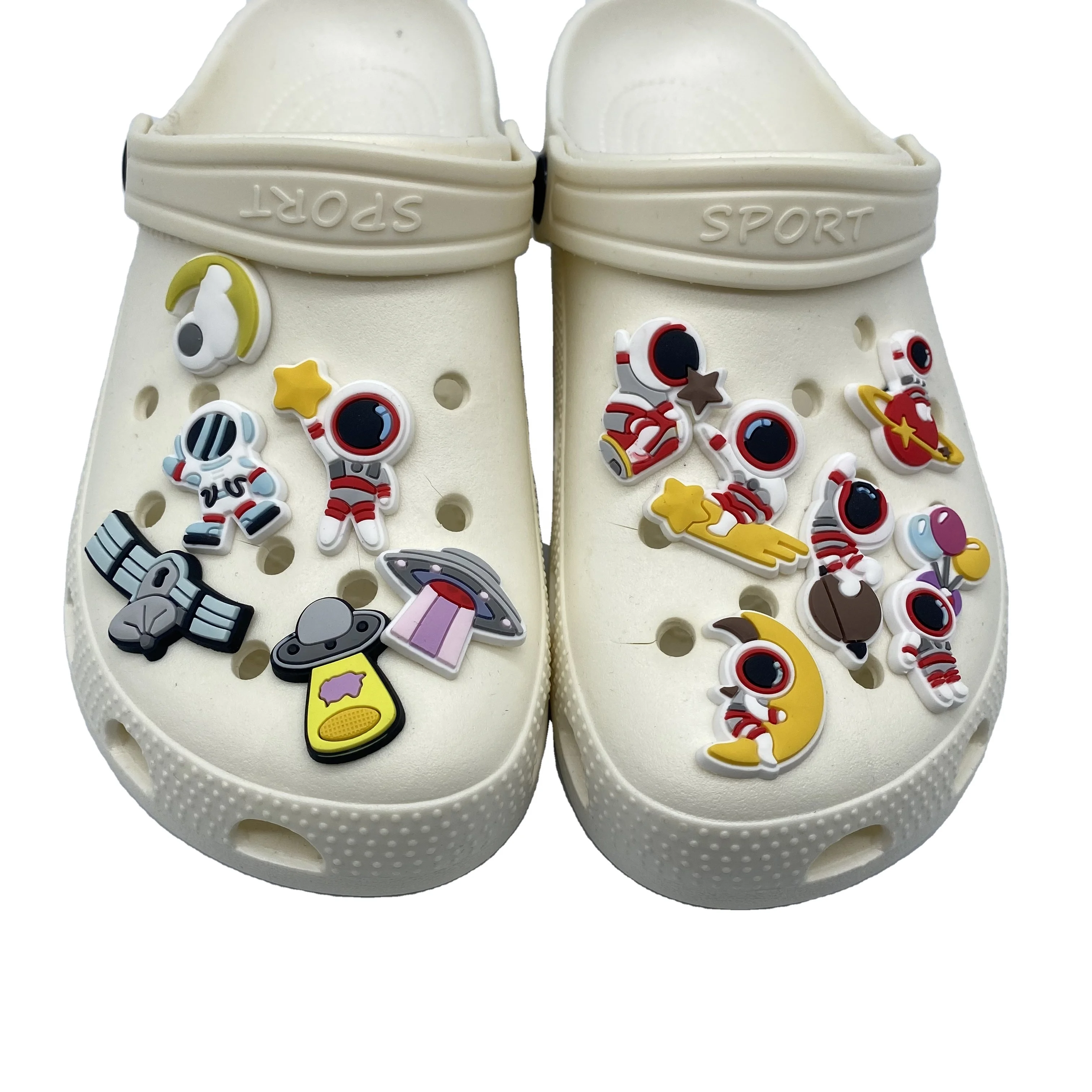 

Wholesale PVC cartoon astronauts clock charms Custom designer sandals charms and bracelet charms spaceman for kids custom, As picture