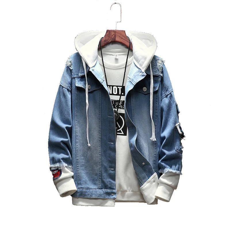 

Men's Spring and Autumn BF Style Denim Hoodie Casual Jacket Hole Jacket, As shown