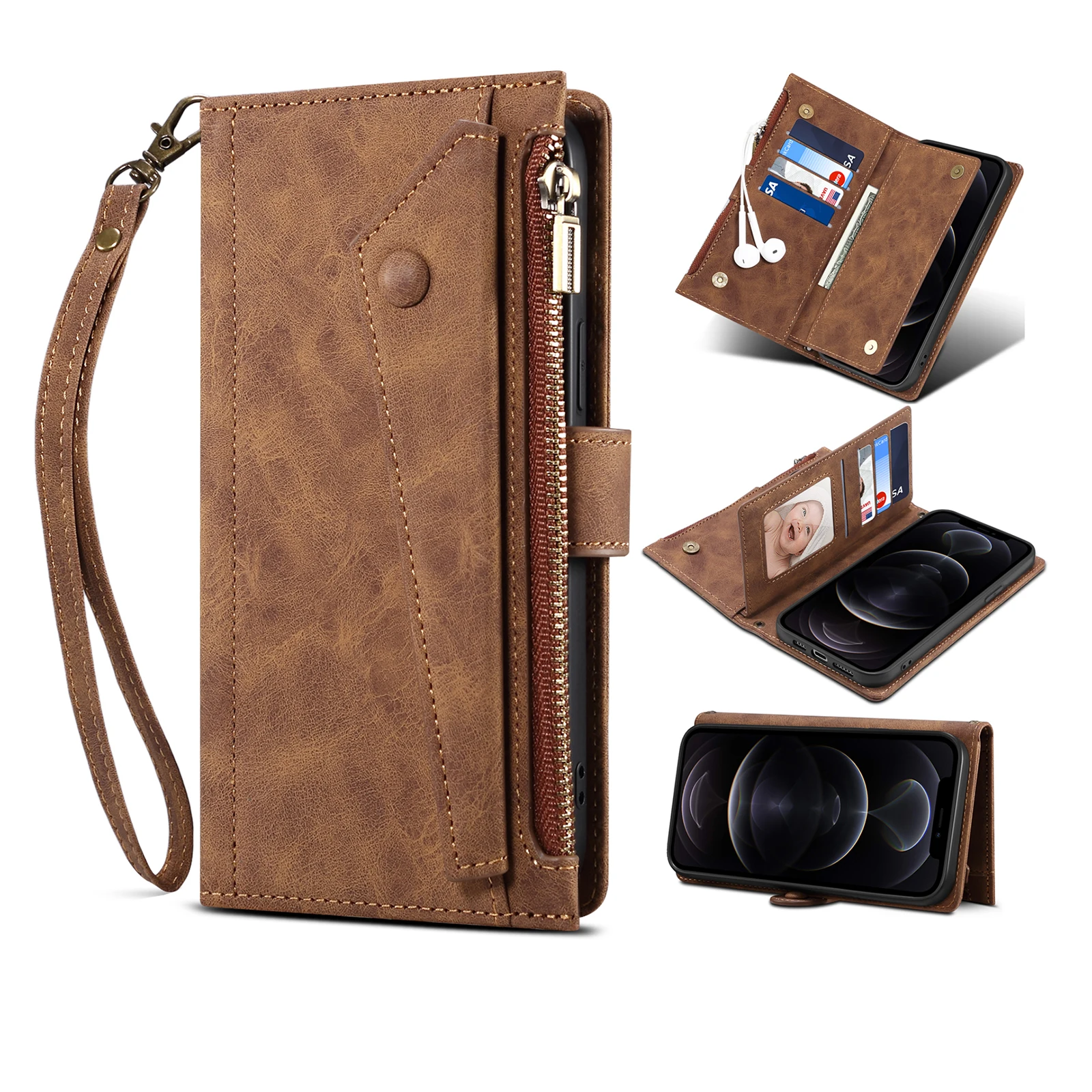 

For iphone 12 13 hand made leather crossbody wallet phone case custom anti theft waterproof luxury phone cover with card holder