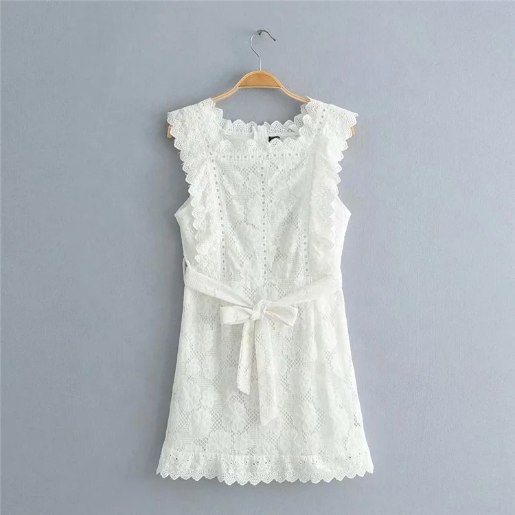 

2019 Summer Elegant Beach Lace White Cotton Embroidery Women Boho Mini Dresses, White or customized