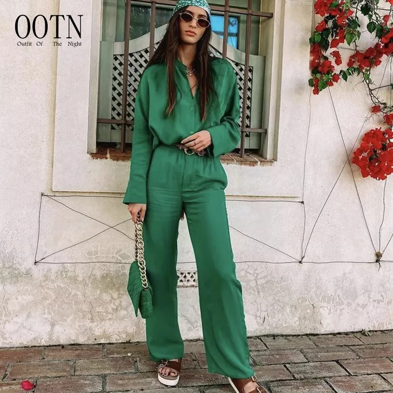 

OOTN Ladies Soft Solid Suits Female Vintage Streetwear Set 2022 Spring Elegant Woman Green Loose Matching Sets