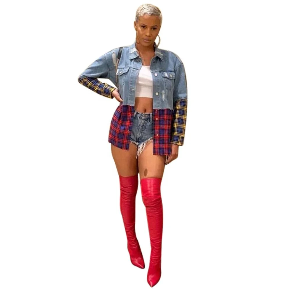

B61663A Hot style European and American sexy loose patchwork denim shirt