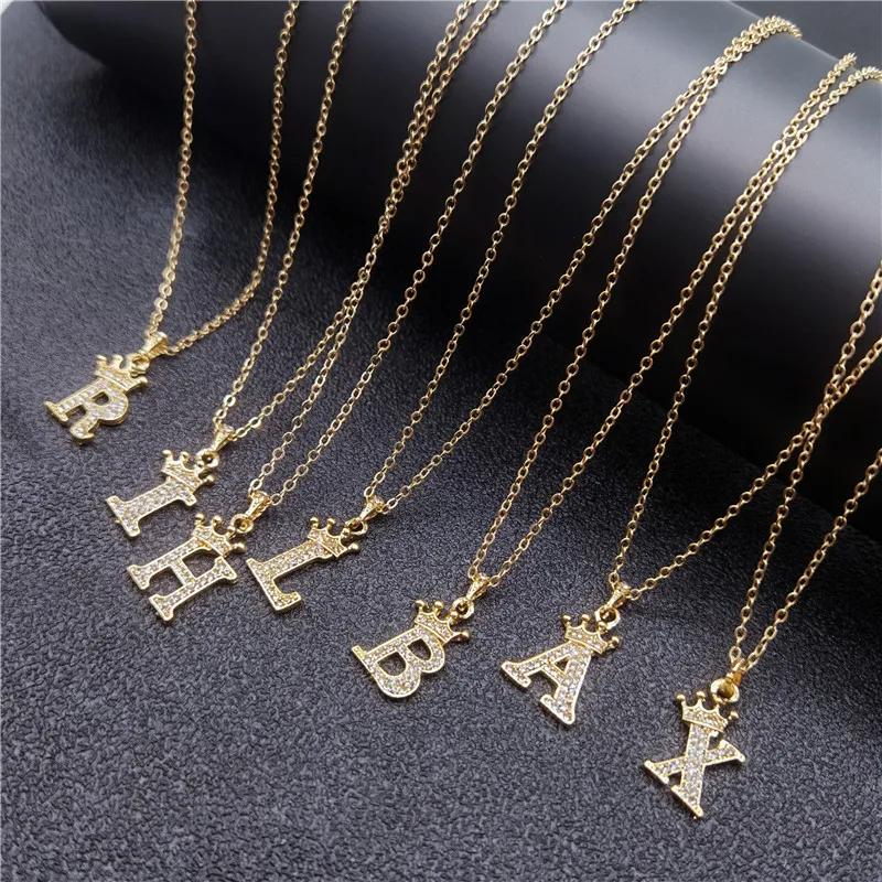 

New Fashion Crown A-Z 26 Initial Letters Necklace Gold Crown Alphabet Pendant Initial Necklace For Men Women, Gold, silver, customized