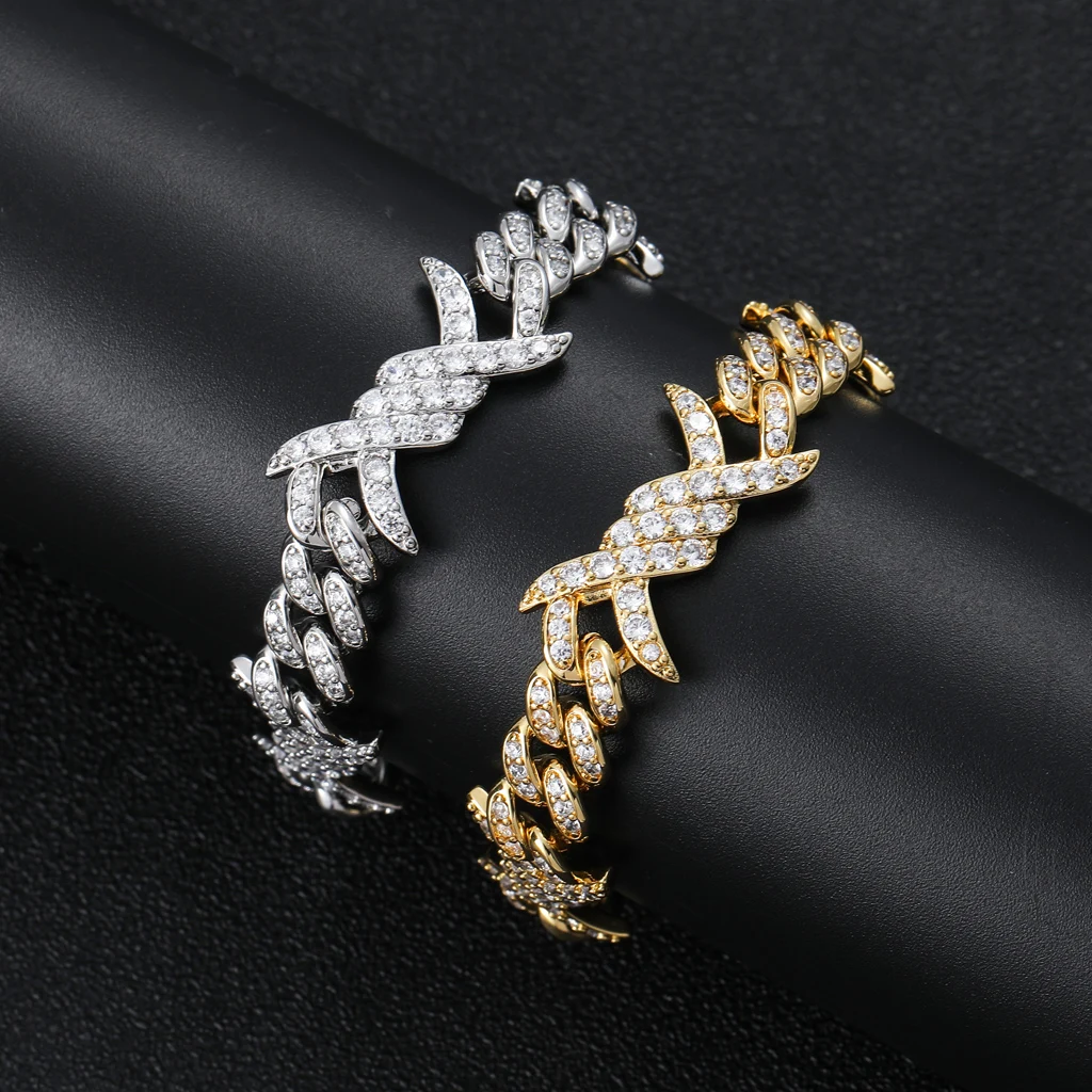 

New Fashion Cubic Zircon Thorns Miami 15mm Cuban Link Chain Bracelet Hiphop Iced Out CZ Chain Jewelry for Couple