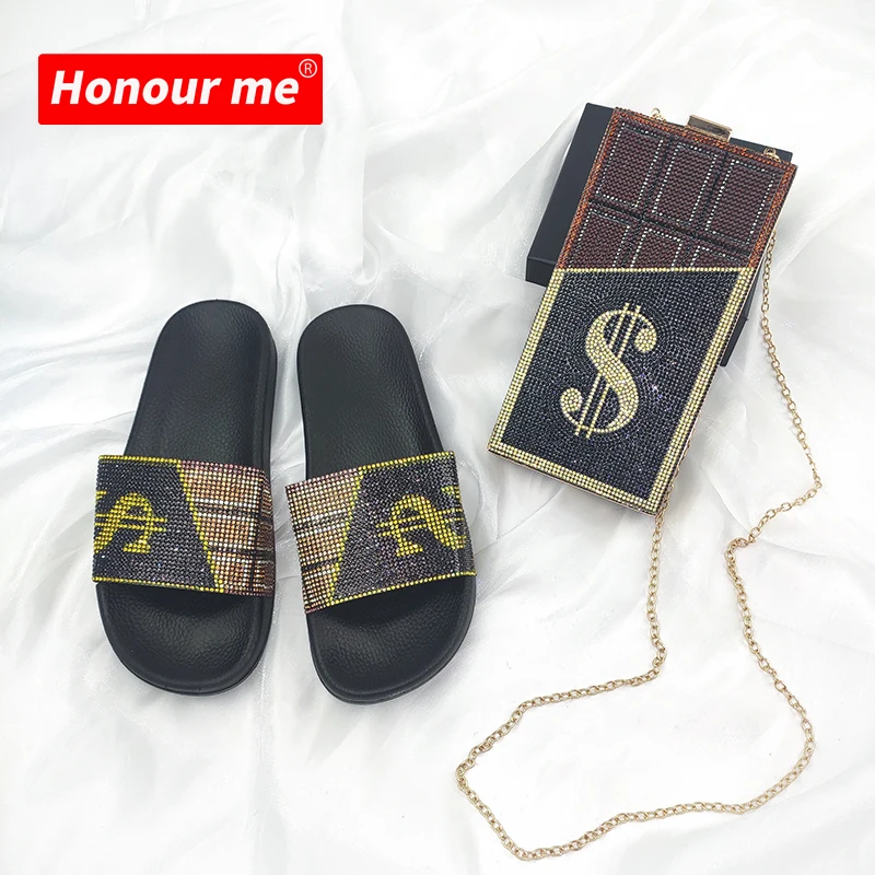 

Luxury evening bag for women handbags and purse matching rhinestone slides sets shiny crystal money slippers, Picture