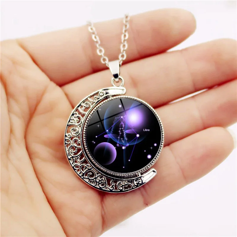 

12 Constellation Moon Necklace 360 Degree Rotation Glass Pendant Zodiac Sign Astrology Birthday Gifts for Women and Girls