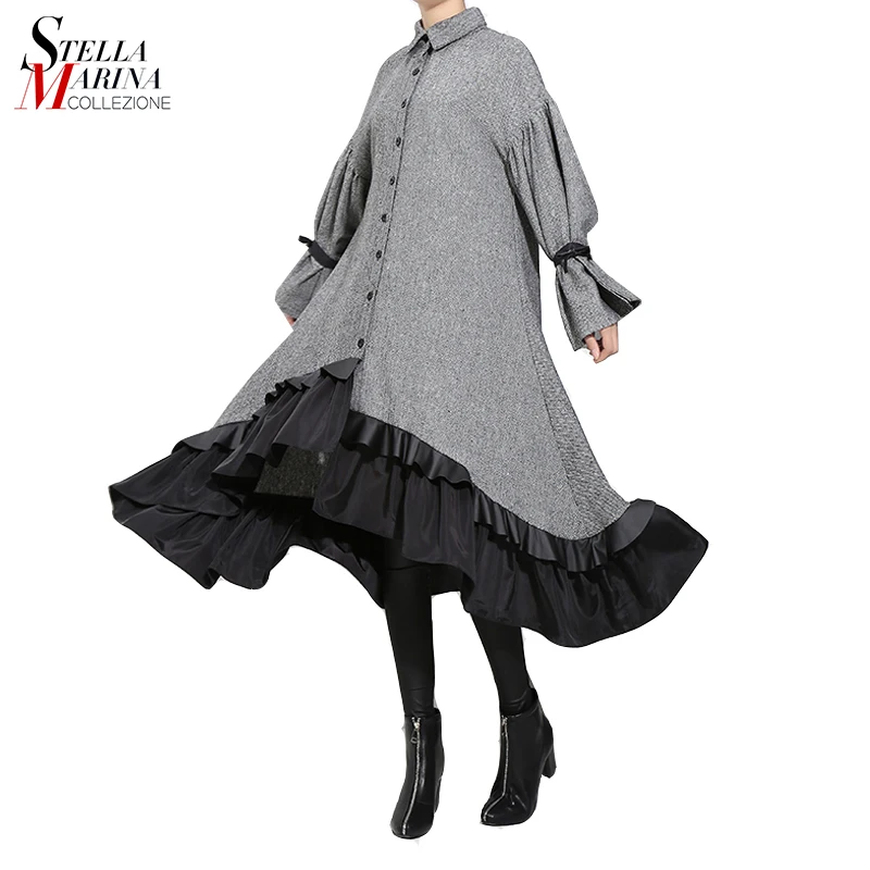 

2018 Winter Women Plus Size Gray Shirt Dress Long Sleeve Patchwork Bottom With Sloping Ruffle Cute Wear Party Dress Vestido