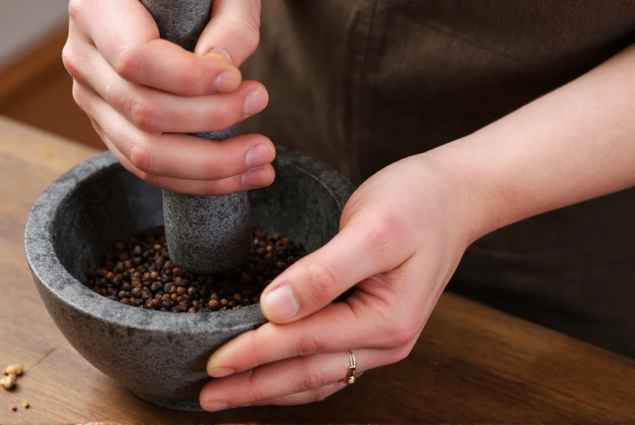 Hand holding mortar and pestle with black peppercorns being crushed for aroma test