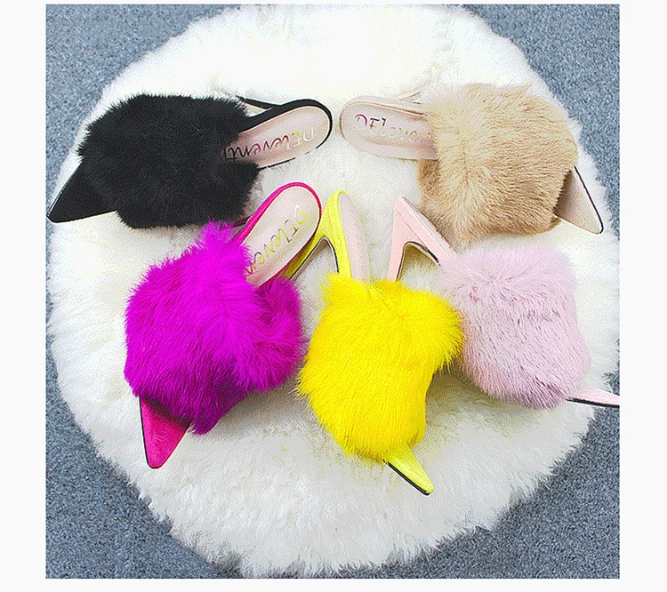 

2021 New High Quality Fish mouth Real rabbit Fur High Heel Women Shoes Slides, 5 colors