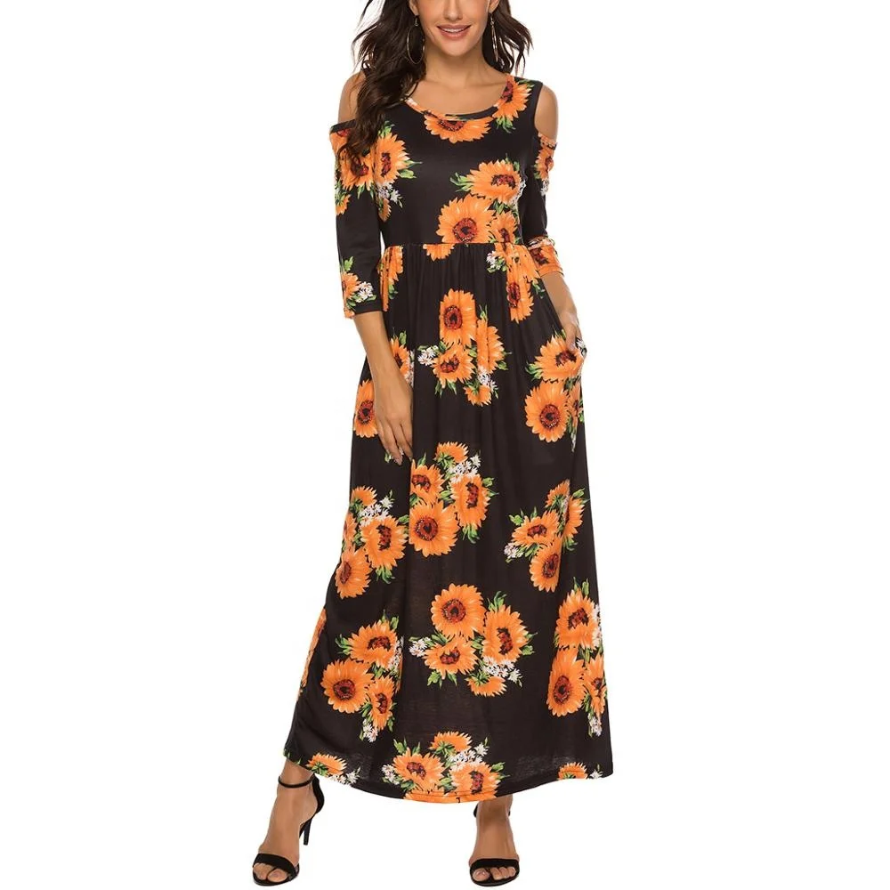 

Spring Women sunflower cold shoulder Dress Long Sleeve Party Maxi Dresses