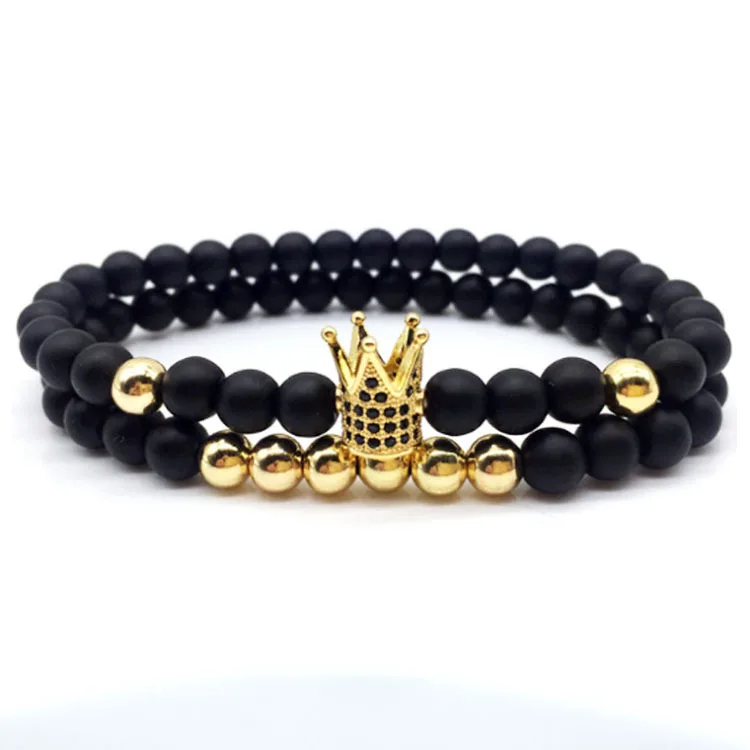 

Natural Stone Beads Crown King Charms for Bracelet 2 pcs Adjustable Black Beads Chakra Bracelet Jewelry Men