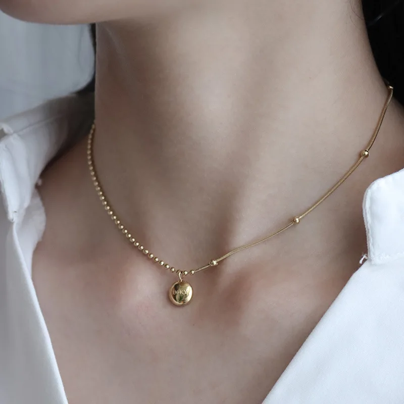 

JUHU Golden Bean Bead Chain With Snake Bone Chain Lucky Adzuki Bean Clavicle Necklace Titanium Steel Necklace