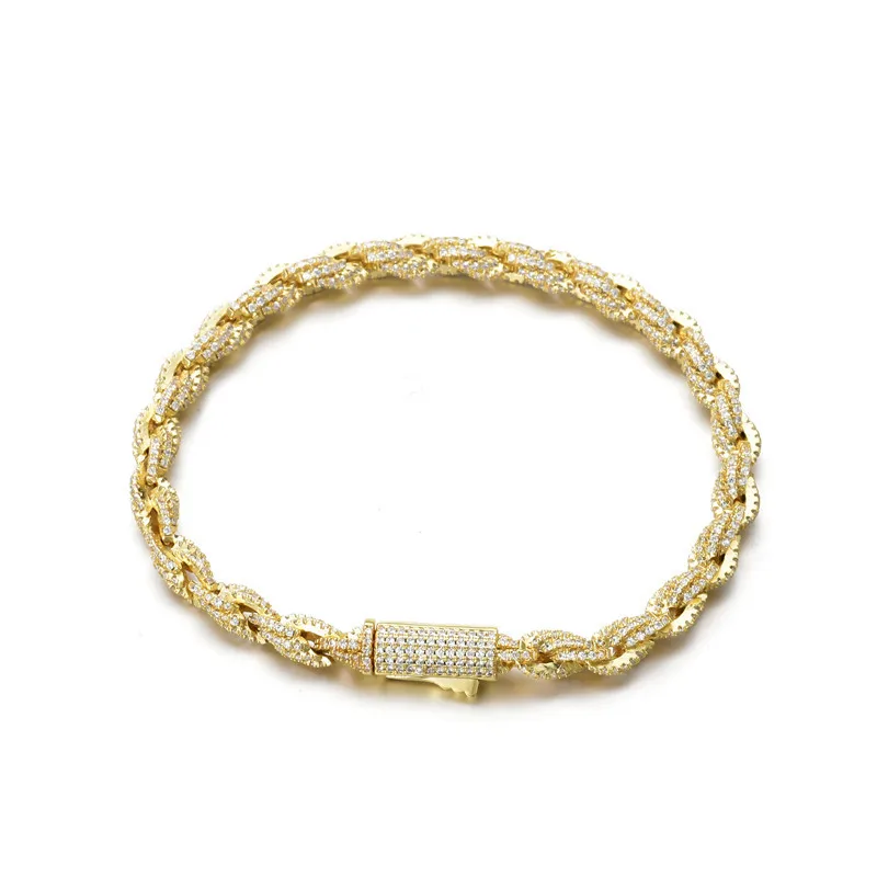 

DE 6mm Iced Out Gold Plated Men Women Twist Bracelets Rapper Jewelry Hiphop Punk Diamond Cuban Chain Link Rope Bracelet