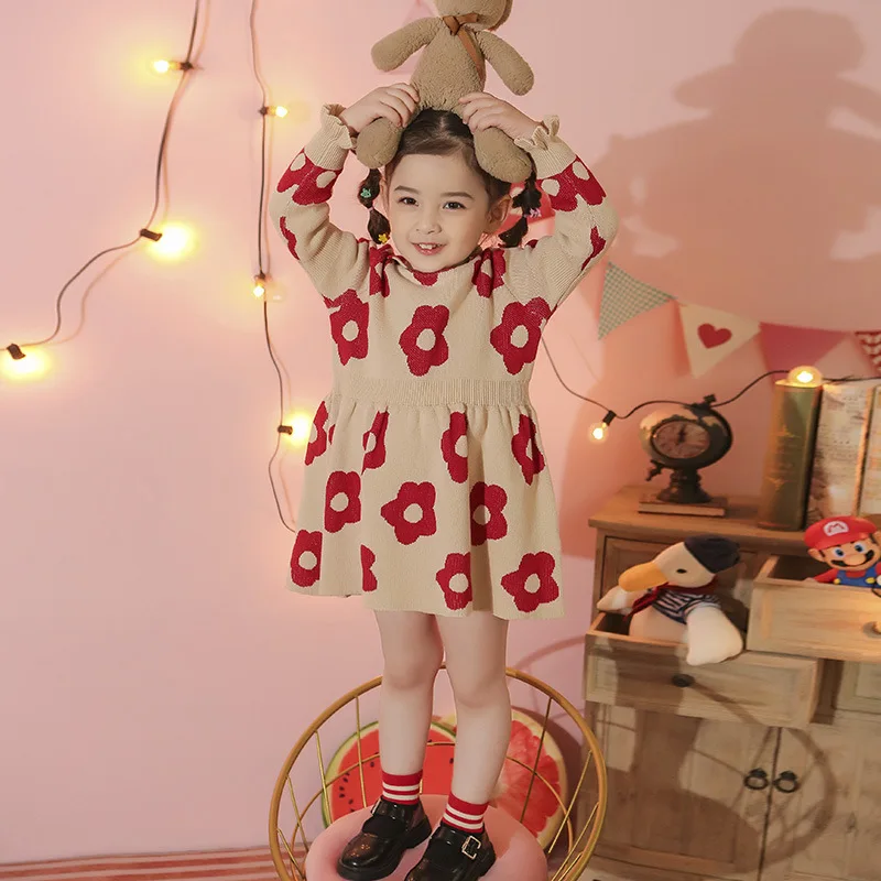 

free shipping custom autumn winter flower girl dresses beautiful knitted kids sweater dress