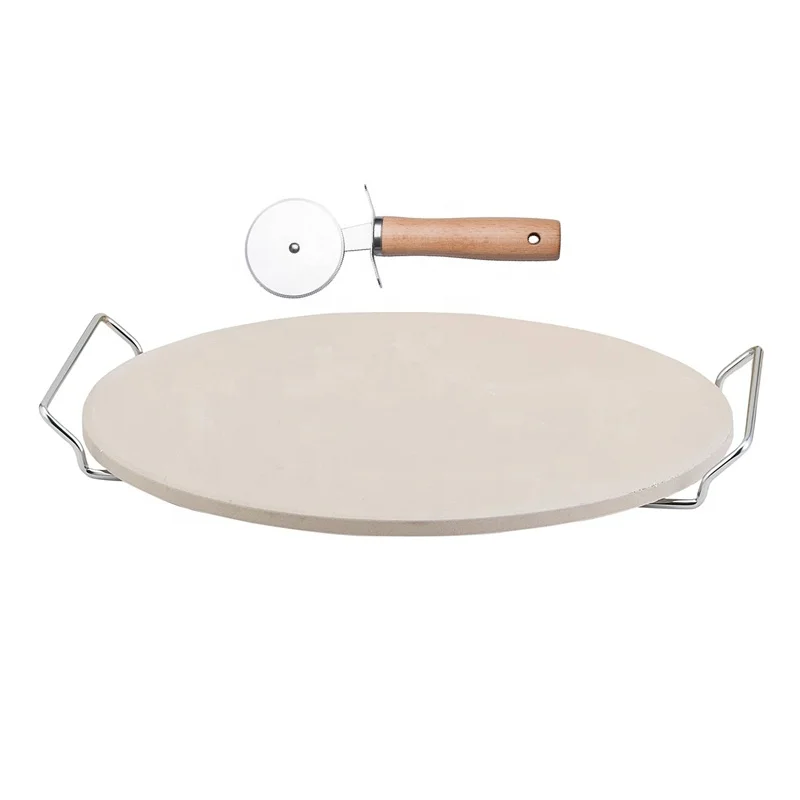 

Compact Easy Storage Portable Baking Grilling Stone 13 Inch Pizza Stone Set with Pizza Cutter Wheel And Metal Rack Handle, As shown
