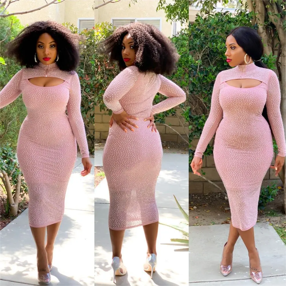 

M3545 - sexy long sleeve mesh rhinestones hollow out women club dresses plus size