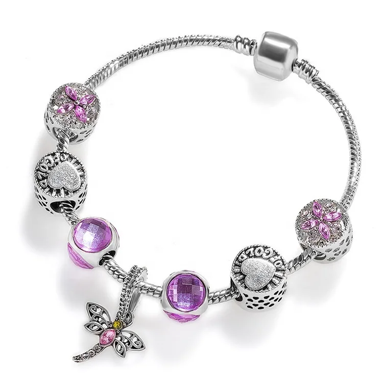 

DIY Small Dragonfly Zircon Bracelet Retro Beads Heart Charms Bracelet European Adjustable Snake Chain Bracelet With Flower, As picture display