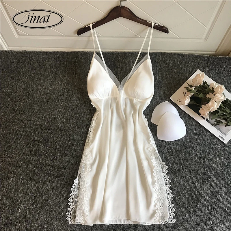 

Summer Adult Women Black Pink Red Gray Snow White Plain Lace Sexy Silk Satin Sleepwear Pajama Sleep Spaghetti Strap Night Dress