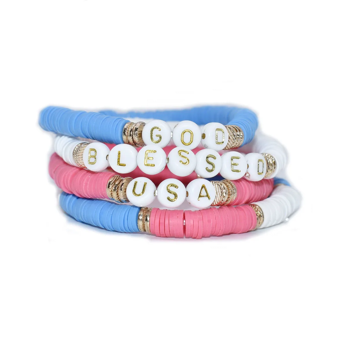 

4 pieces per set polymer clay gold brush spacers Customized GOD BLESSED USA words stretch bracelet set