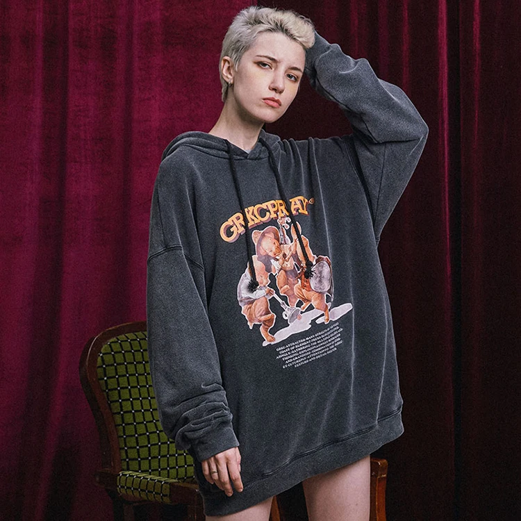 GRKC OEM mens black long sleeve hooded vintage bulk pig digital printed washed womens loose casual hoodies sweatshirts
